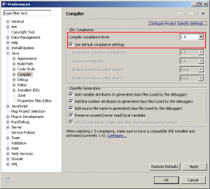 The preferences window for setting source and target versions for java compilation